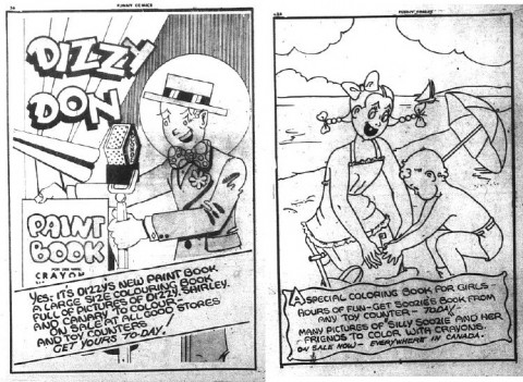 Ads for colouring books from The Funny Comics 15 and 17 respectively.