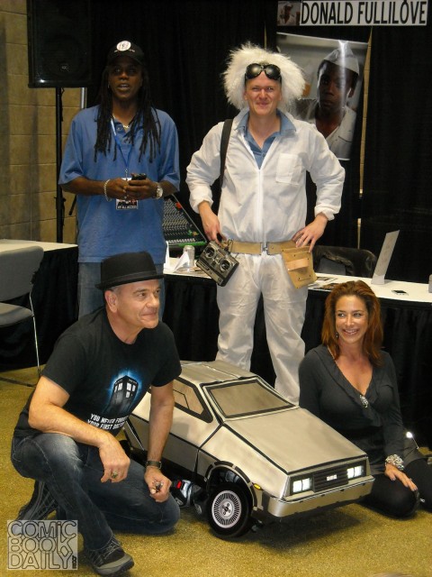 Clockwise from top left: Donald Fullilove, "Dr. Emmett Brown", Claudia Wells, DeLorean Transformer and Robert Picardo