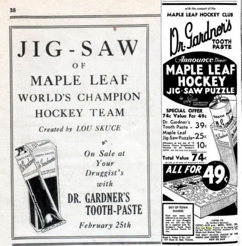 Ads for Dr. Gardner's toothpaste from 1932 that features the Maple Leaf's jigsaw.