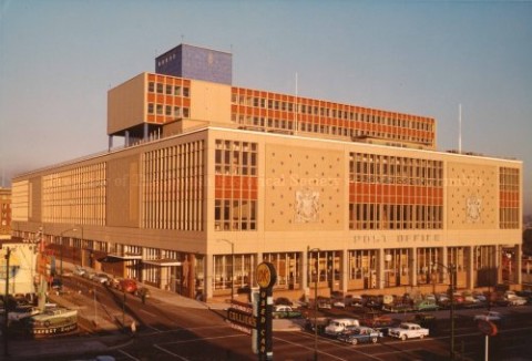 Vancouver Main Post Office Building in 1957 with the left face being Homer St.