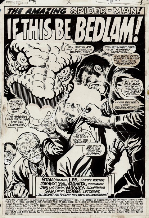 Amazing Spider-Man issue 74 splash by John Romita and Jim Mooney