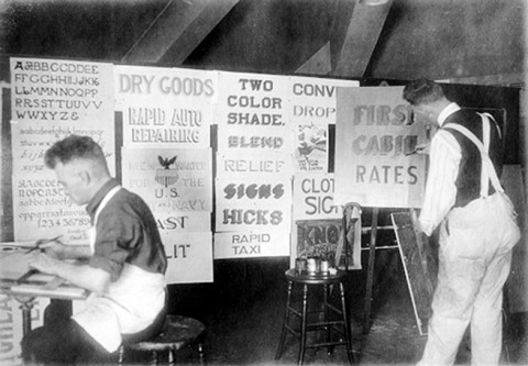 A typical sign painting school from the twenties showing the work of show card writers