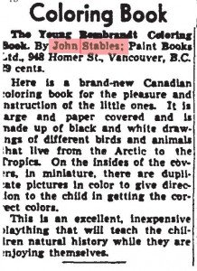 Clipping about a Stables Coloring Book from the Globe and Mail in May 1945