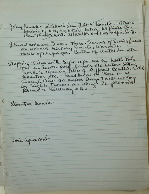 Handwritten page by Cy Bell, in his calligraphic style, about ideas for storylines