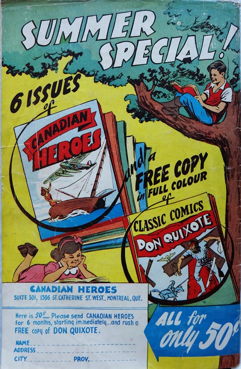 The back cover of Canadian Heroes Vol. 4 No. 3 with the Classics Comic giveaway.