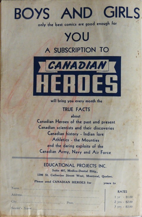 Back cover of Famous Adventure Stories No. 1 stating the Canadian Heroes content mandate.