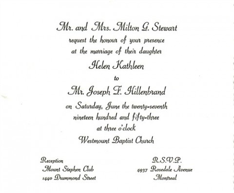 The wedding invitation to Joseph Hillenbrand's wedding in 1953.