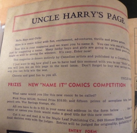 Inside front cover to Name-It Comics No. 1 explaining the contest.