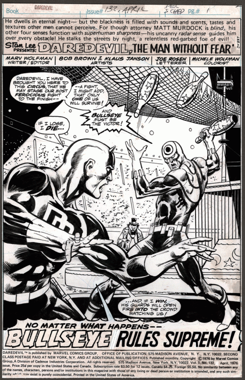 Daredevil issue 132 splash by Bob Brown and Klaus Janson.  Source.