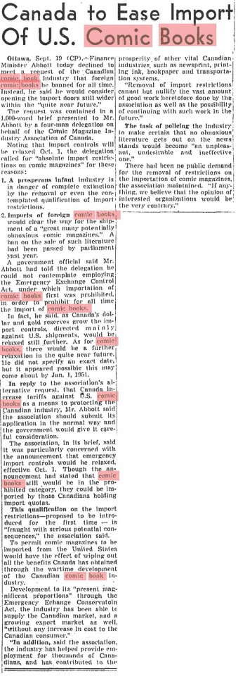 A cry for keeping American comics out of Canada by Canadian comic book publishers that appeared in the Globe and Mail on Sept. 20, 1950