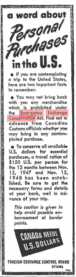 I guess you couldn't even bring back any comics on a trip to the states. From the Globe and Mail, May 1948