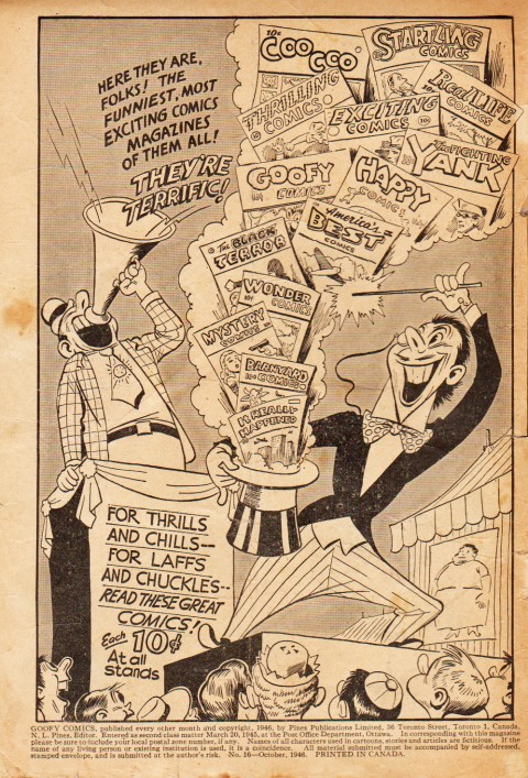 The inside cover from Goofy Comcs 16 by Pines from Oct. 1946, showing that American titles were back in Canada