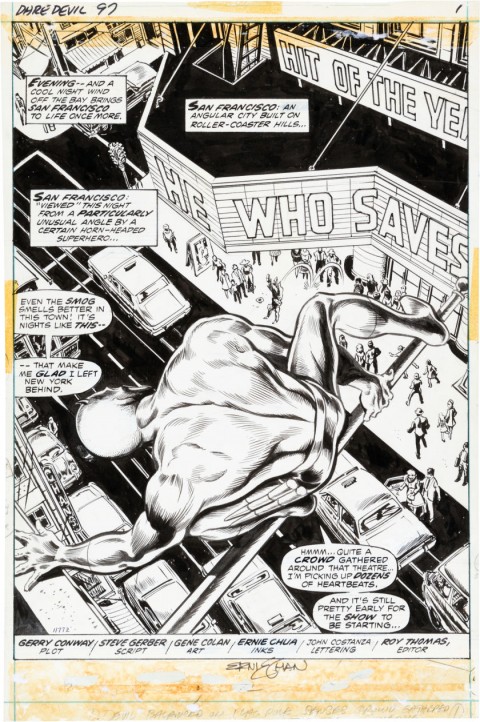 Daredevil issue 97 Splash Page 1 by Gene Colan and Ernie Chan.  Source.