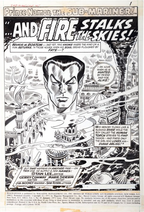 Sub-Mariner issue 45 splash by Marie Severin and Jim Mooney.  Source.