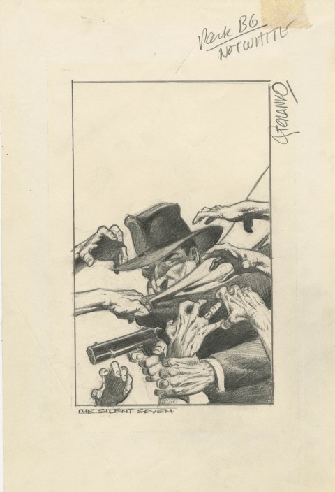 Shadow: The Silent Seven preliminary cover by Jim Steranko.  Source.