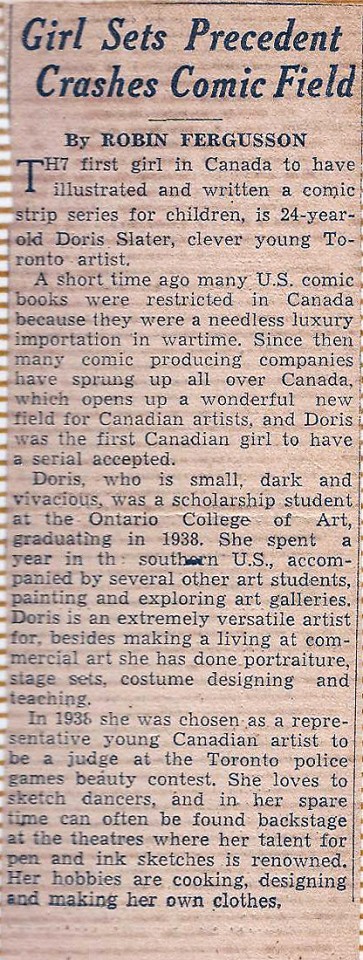 An unsourced newspaper article from 1941 that talks about Doris Slater as the first woman in Canadian comics.