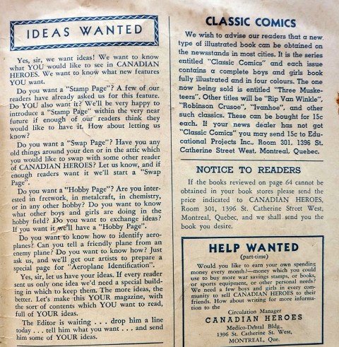 Inside back cover from Canadian Heroes Vol. 1 No. 3 with the mention of Classics Comics.