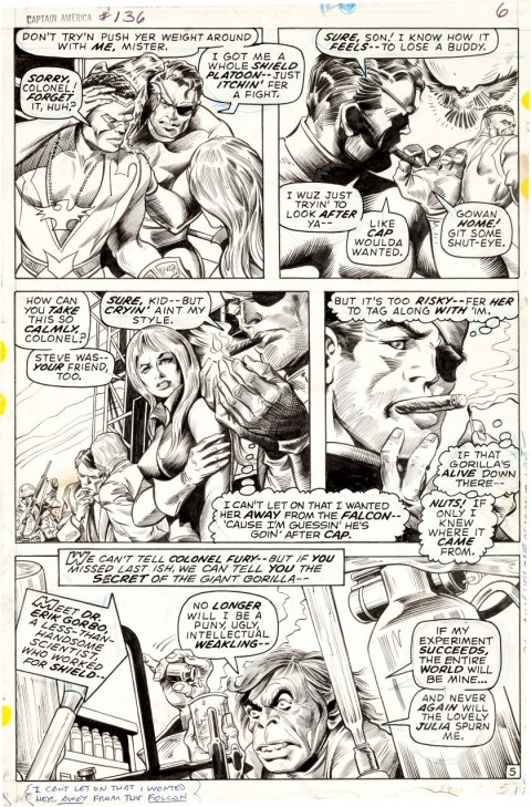 Captain America issue 136 page 5 by Gene Colan and Bill Everett.  Source.