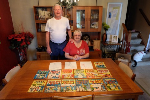 Dale and Marilyn with the  collection of Manny's comics and three original sketches.