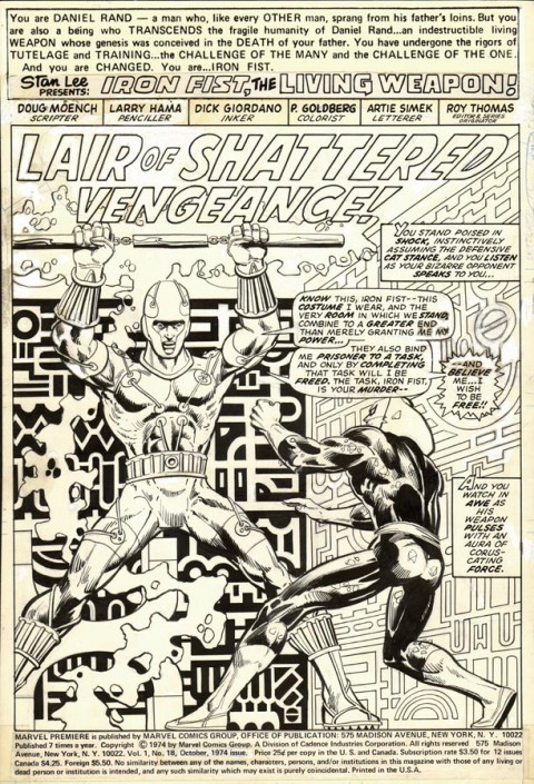 Marvel Premiere issue 18 splash by Larry Hama and Dick Giordano.  Source.