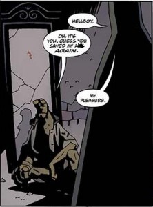 One of the many moments where Hellboy’s ally saves his hide.