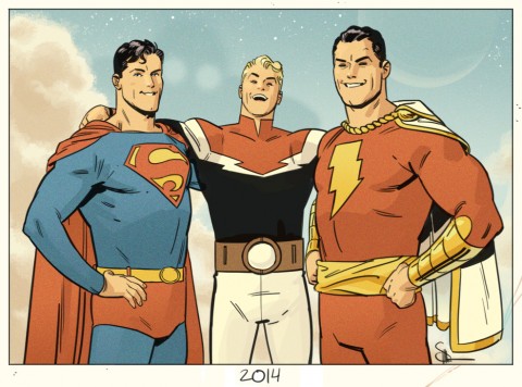 Superman, Flash Gordon and Captain Marvel by Evan Shaner.  Source.