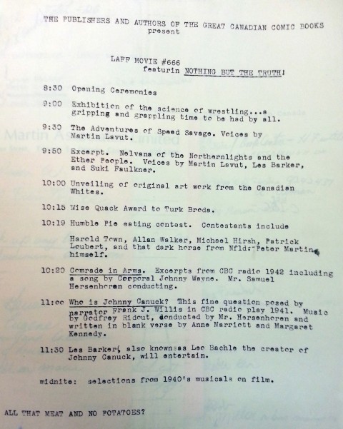 Nov. 1971, The Great Canadian Comic Books release party schedule with Les Barker performing. Would be great to see the guest list.