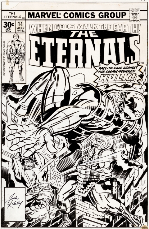 Eternals issue 14 cover by Jack Kirby and Mike Royer.  Source.