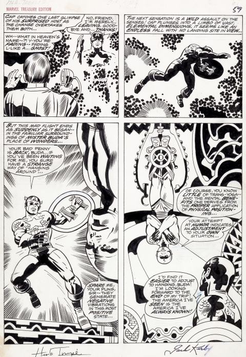 Marvel Treasury Special Featuring Captain America's Bicentennial Battles page 59 by Jack Kirby and Herb Trimpe.  Source.