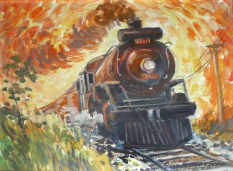 A Rae painting of one of his favourite subjects, locomotive engines.